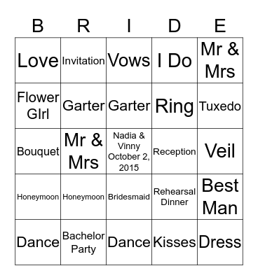 Nadia's Bridal SHower Bingo Card