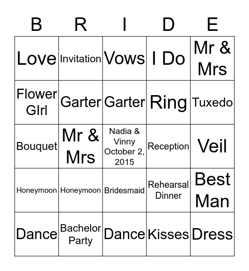 Nadia's Bridal SHower Bingo Card