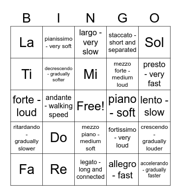 Musical Vocabulary Bingo Card