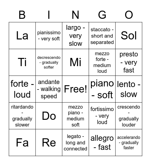 Musical Vocabulary Bingo Card