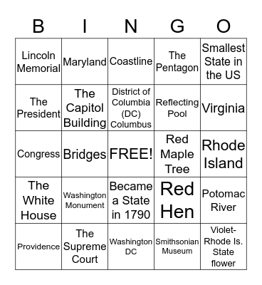 Washington D.C/Rhode Island Bingo Card