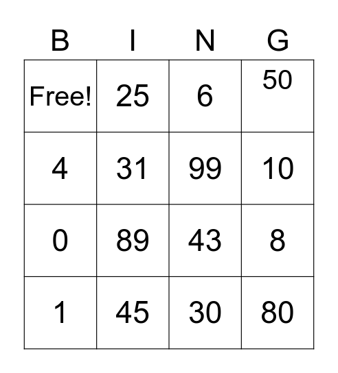 Números até 100 Bingo Card
