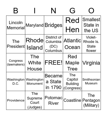 Washington D.C/Rhode Island Bingo Card