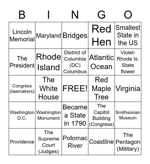 Washington D.C/Rhode Island Bingo Card
