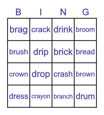 CR BR DR words Bingo Card