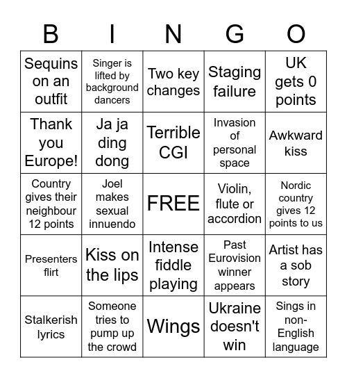 Eurovision 2022 Bingo Card