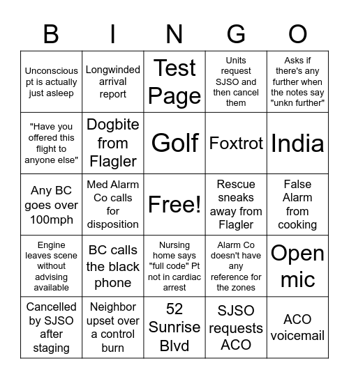 Fire Rescue Bingo Card