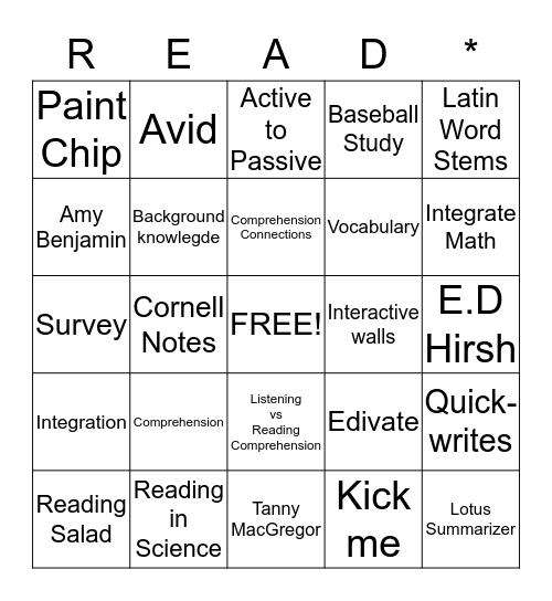 Reading in Every Classroom Bingo Card