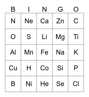 Periodic Table of Elements Bingo Card