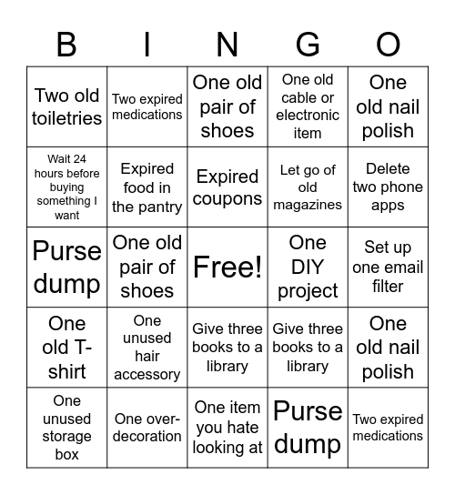 D e c l u t t e r Bingo Card