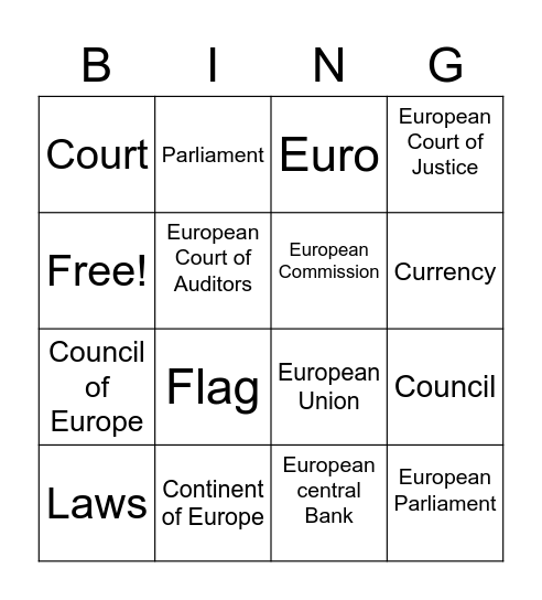 Continent of Europe and The European Union Bingo Card