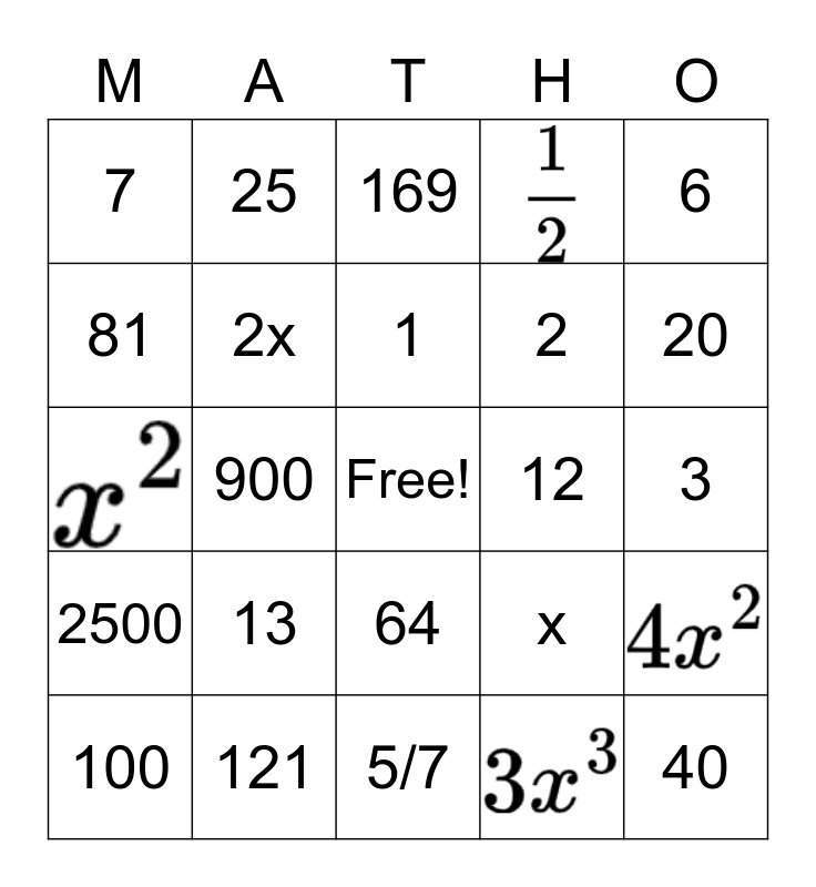 Squares And Square Roots Bingo Card