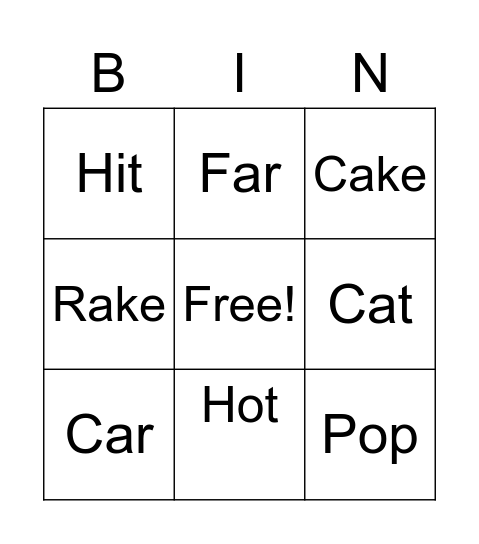 Word Family Bingo Card