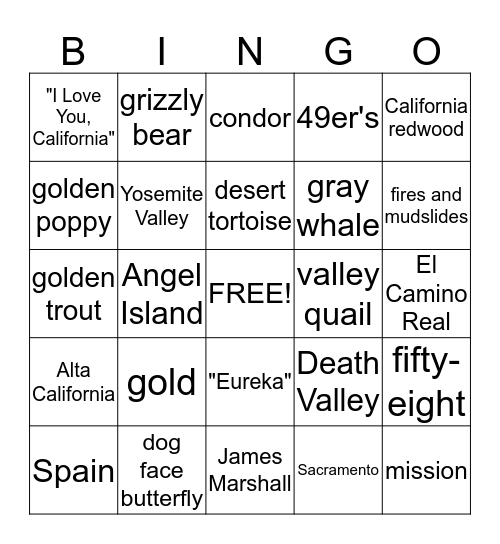 California Bingo Card