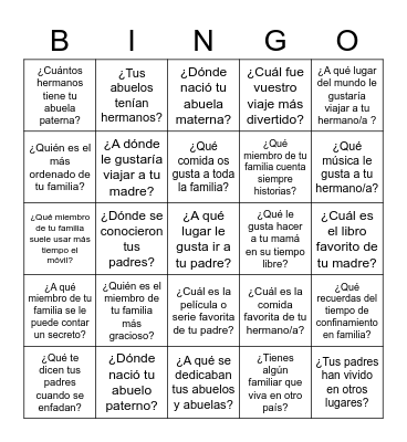 BINGO!! CÚANTO CONOCES A TU FAMILIA Bingo Card