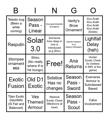 Season 17 Bingo Card