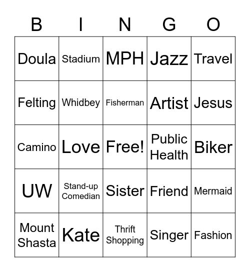 Kate's Bridal Bingo Card