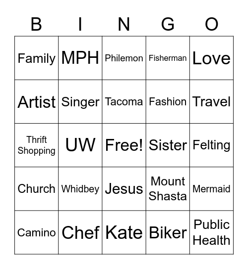 Kate's Bridal Bingo Card