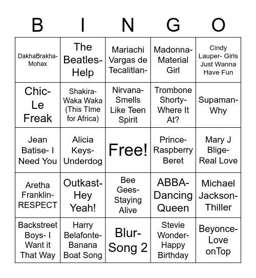 Featured Musicians Bingo Card