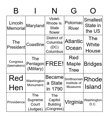 Washington D.C/Rhode Island Bingo Card