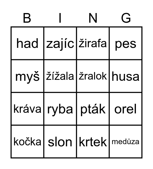 ZVÍŘATA Bingo Card