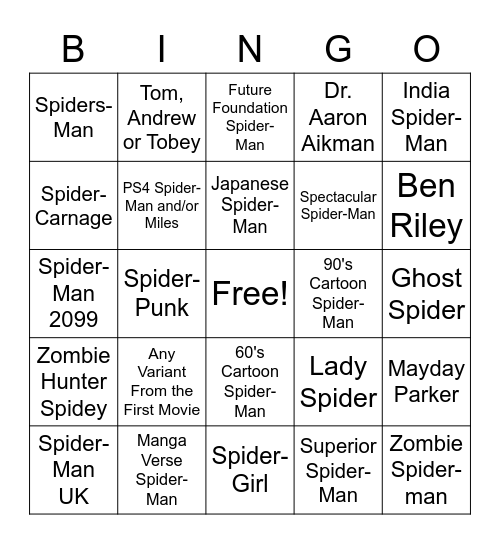 Spider-Verse Cameos Bingo Card