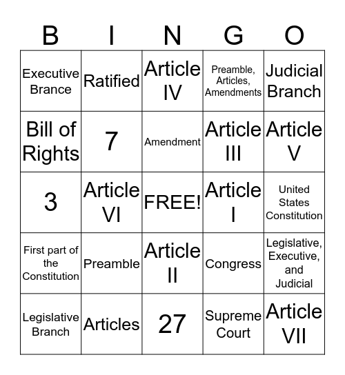 Structure of the Constitution Bingo Card