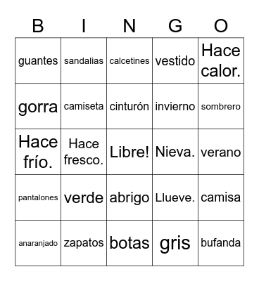 Ropa y Tiempo Bingo Card