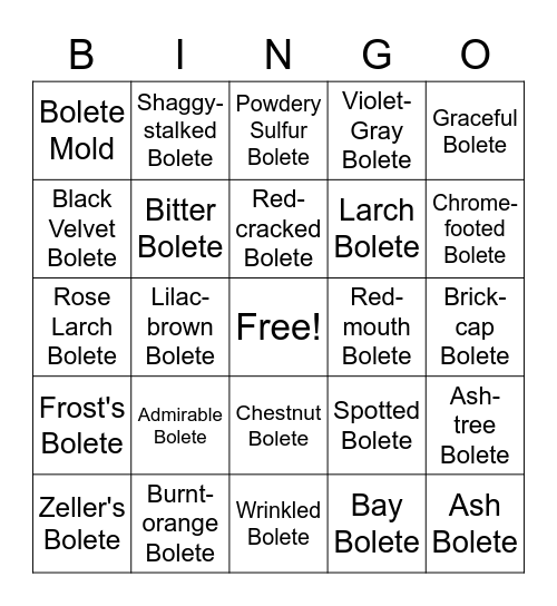 Bolete Mushroom Bingo Card