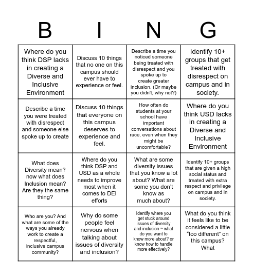 Naliyah's DSP DEI Bingo Card