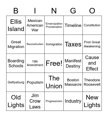 US History A Review Bingo Card