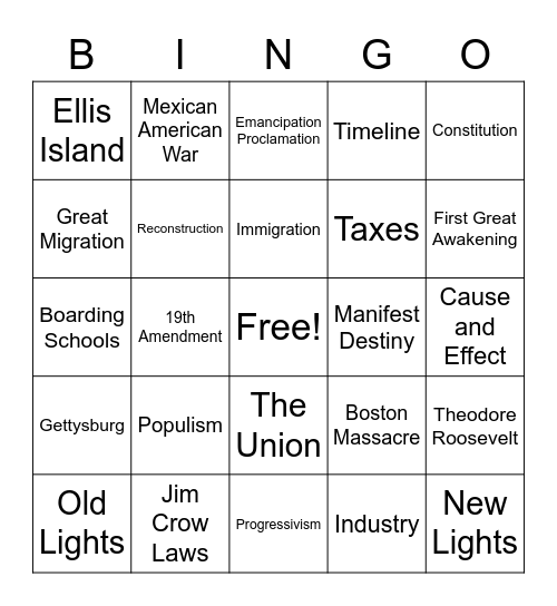 US History A Review Bingo Card