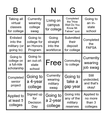 College & Career Bingo Card