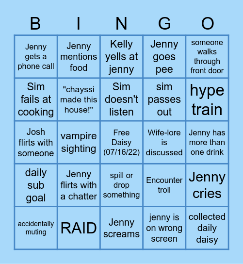 JennyKikiLV24 Sims Stream Bingo Card