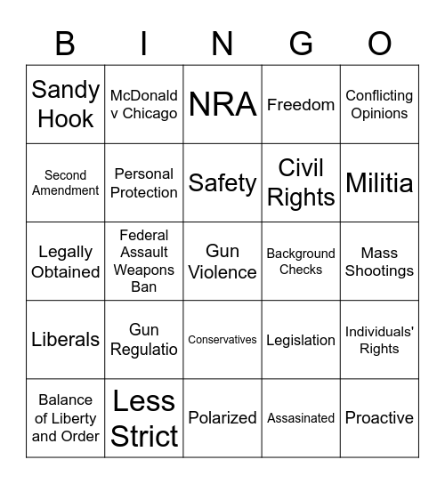 Gun Control Bingo Card