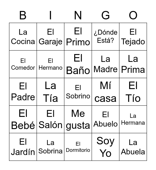 Family and Home Bingo Card