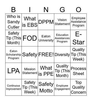 2nd Shift Assembly Team Bingo Card