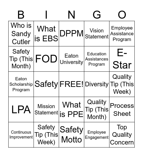 2nd Shift Assembly Team Bingo Card