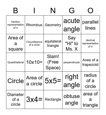Geometry Bingo Card