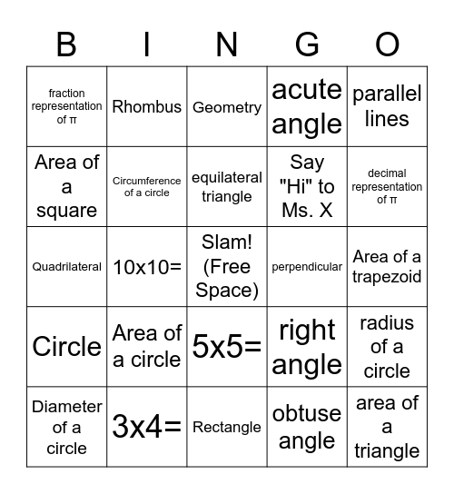 Geometry Bingo Card