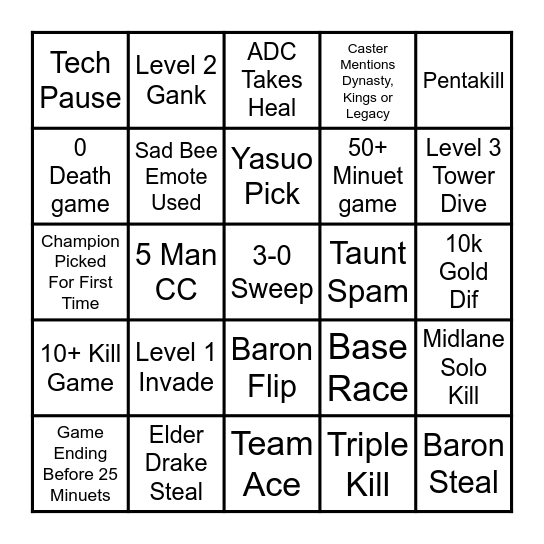 League of Legends MSI Grand Final BINGO Card