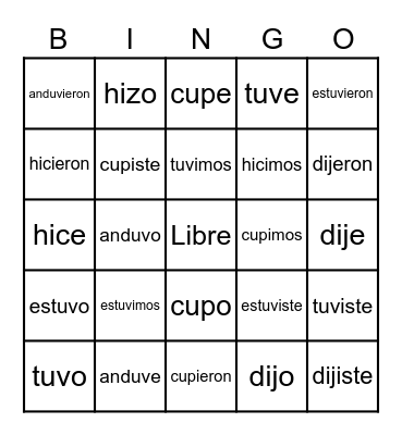 Preterite Irregular Stem Verbs Bingo Card