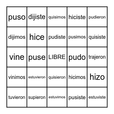 Preterite Irregular Stem Verbs Bingo Card