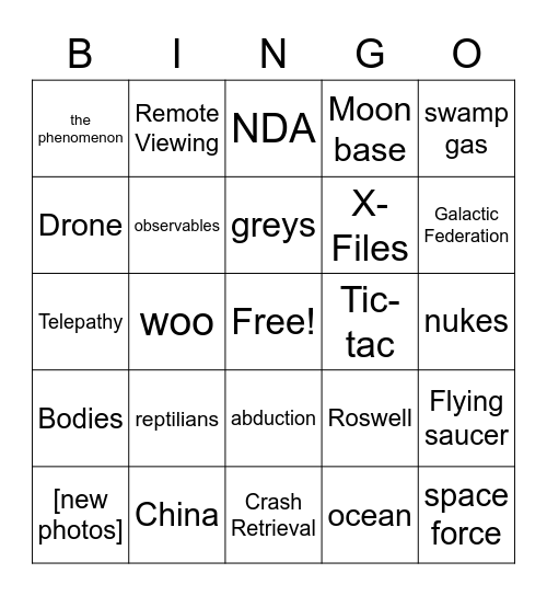 US Congress UAP hearings Bingo Card