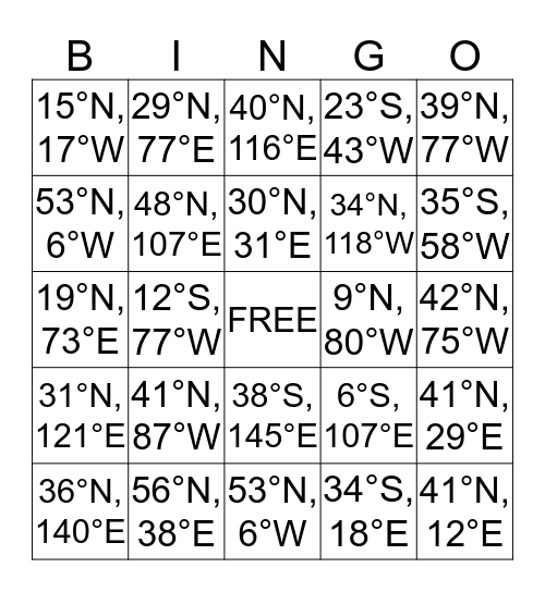 Longitude and Latitude Bingo Card