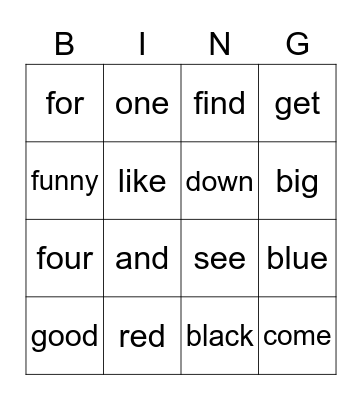 Sight Words Bingo Card