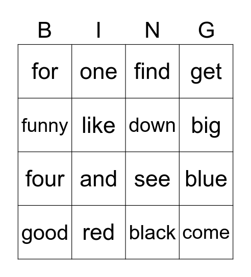 Sight Words Bingo Card