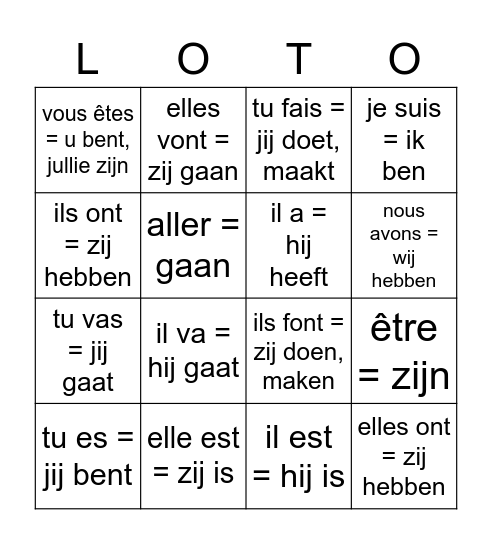 Werkwoorden Frans 1mh Bingo Card