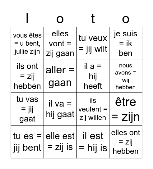 werkwoorden bingo 1hv Bingo Card