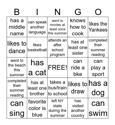 Getting to Know Each Other Bingo Card